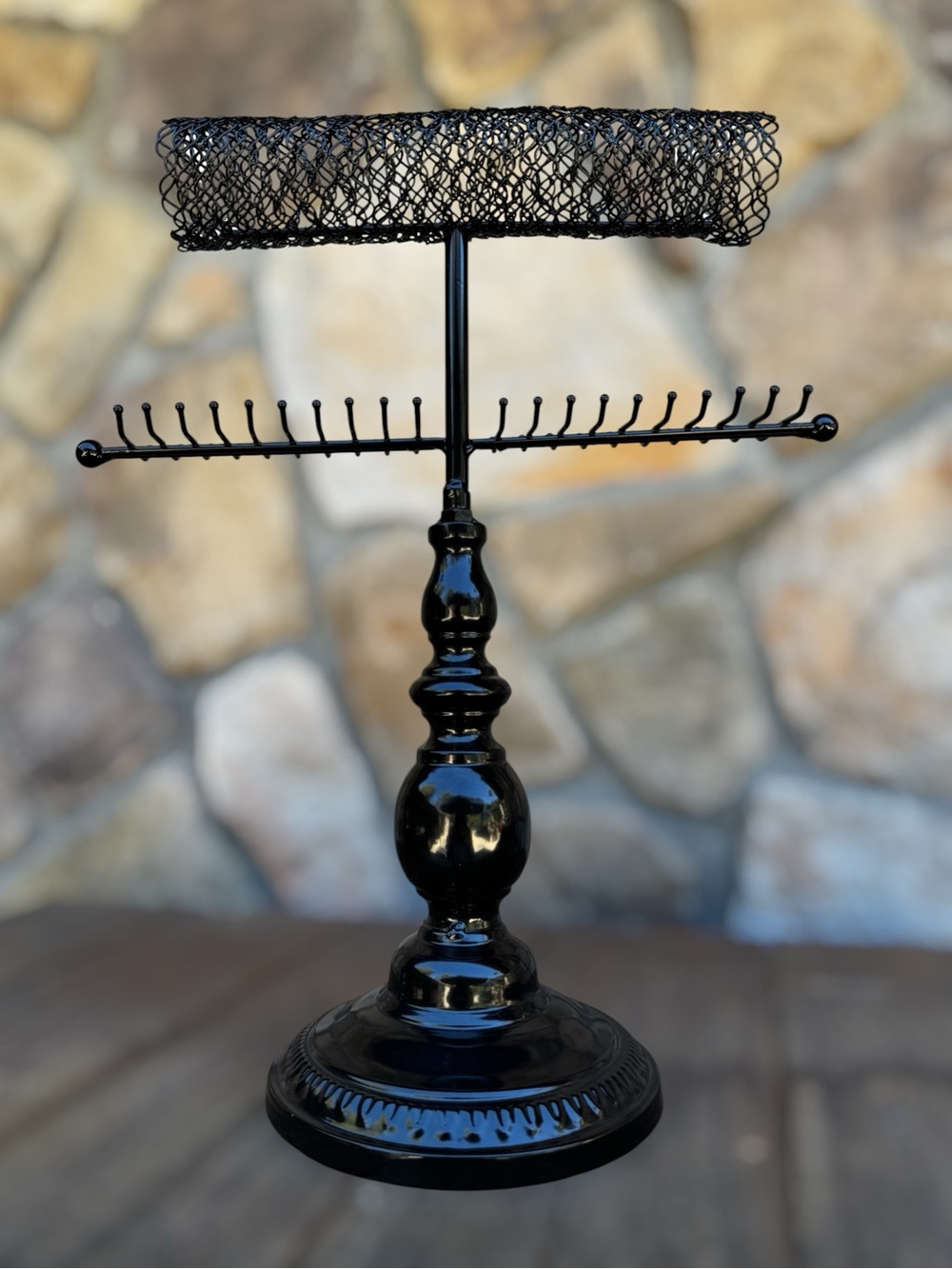 Two Tiered Vintage Style Black Metal Jewelry Stand with Multi-Arm Hooks